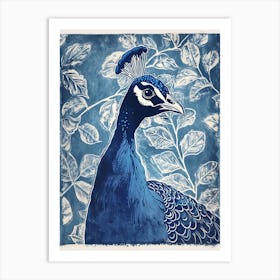 Navy Blue Peacock Leaf Portrait 3 Art Print