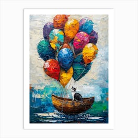 Cat With Balloons in a boat Art Print