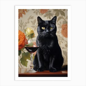 Black Cat With Wine Glass Art Print