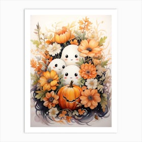 Cute Bedsheet Ghost, Botanical Halloween Watercolour 107 Art Print