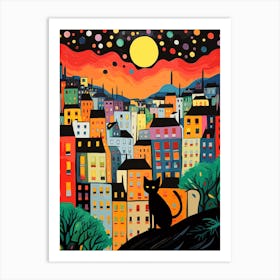 Paris, France Skyline With A Cat 1 Art Print