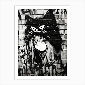 Kawaii Aesthetic Blakc and White Nekomimi Anime Cat Girl Urban Graffiti Style Art Print