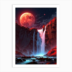 Red Moon And Waterfall Art Print