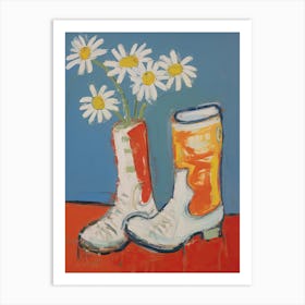 A Painting Of Cowboy Boots With Daisies Flowers, Pop Art Style 15 Art Print