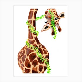 Giraffe With Plant Art Print