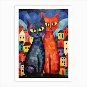 Two Patchwork Cats In Front Of A Medieval Cityscape Art Print