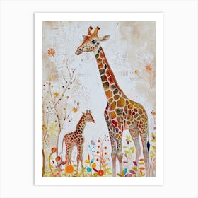 Watercolour Colourful Giraffe Pair 1 Art Print