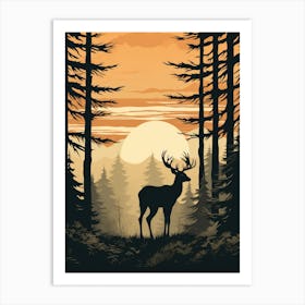 Deer Silhouette In The Forest Art Print