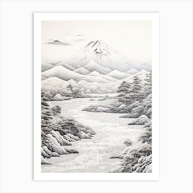 The Japanese Alps In Multiple Prefectures, Ukiyo E Black And White Line Art Drawing 2 Art Print