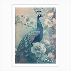 Vintage Cyanotype Inspired Peacock With Blossom 2 Art Print