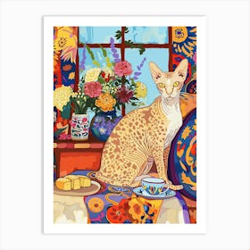 Tea Time With A Devon Rex Cat 1 Art Print