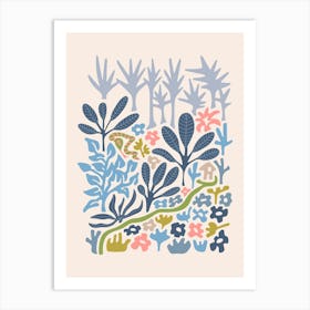 SNAKE IN THE GRASS-1 Abstract Tropical Floral Botanical with Jungle Palm Trees and Flowers in Pastel Pink Blue Green and Gray Art Print