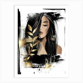 Girl With Gold Leaves Art Print