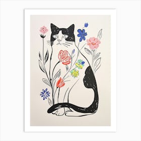 Cute Black And White Cat With Flowers Illustration 4 Art Print