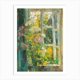 Chrysanthemum Flowers On A Cottage Window 1 Art Print