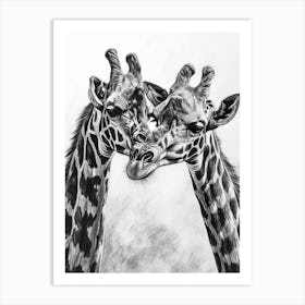Two Giraffe Together Pencil Drawing 3 Art Print