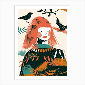 Illustration Of A Woman With Birds Art Print