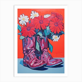 A Painting Of Cowboy Boots With Red Flowers, Fauvist Style, Still Life 1 Art Print