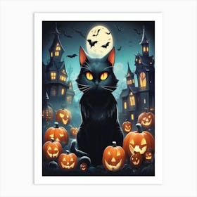 Black Cat With Pumpkins 2 Art Print