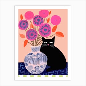 Black Cat With A Vase With Pink Poppies Illustration Art Print