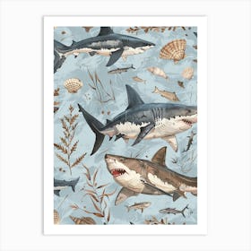 Pastel Blue Great White Shark Watercolour Seascape 4 Art Print
