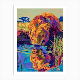 Transvaal Lion Drinking From A Watering Hole Fauvist Painting 2 Art Print