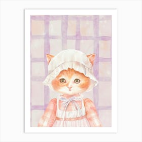 Shabby Chic Cute Baby Kitten in a Dress and Cap. Whimsical Vintage Illustration, Kids Room Art Print