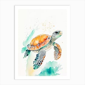 A Single Sea Turtle In Coral Reef, Sea Turtle Minimalist Watercolour 1 Art Print
