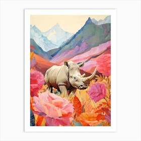 Patchwork Floral Rhino With Mountain In The Background 1 Art Print