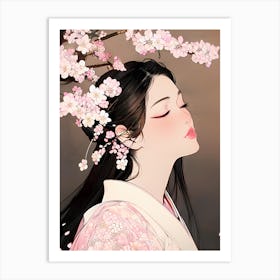 Beautiful Japanese Lady Under Cherry Blossoms Art Print