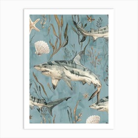 Pastel Blue Mako Shark Watercolour Seascape Pattern 2 Art Print