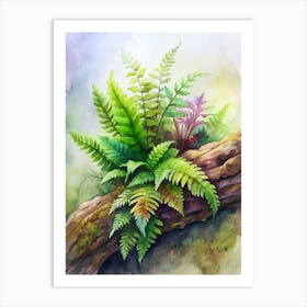 2 Exotic Tropical Ferns Growing On Mossy Logs (1) Art Print