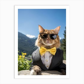 Cat Outfitted In Sharp Business Attire With A Fashionable Yellow Bow Tie Resting Sunglasses Atop It (2) Art Print