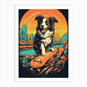 Border Collie Dog Skateboarding Illustration 4 Art Print