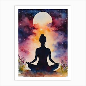 Yoga Woman In Lotus Pose - Full Moon Contemplating Serenity Calm Yogi Meditating Spiritual Grounding Heart Open Buddhist Indian Travel Guidance Wisdom Peace Love Witchy Beautiful Watercolor Woman Trees Blue Sunset Silhouette Art Print