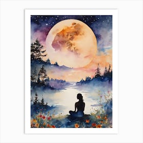 Meditating Woman In The Moonlight - Full Moon Contemplating Serenity Calm Yoga Meditation Spiritual Grounding Heart Open Buddhist Indian Travel Guidance Wisdom Peace Love Witchy Beautiful Watercolor Woman Trees Blue Silhouette Art Print