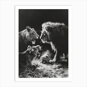 African Lion Charcoal Drawing Interaction With Other Wildlife 3 Art Print