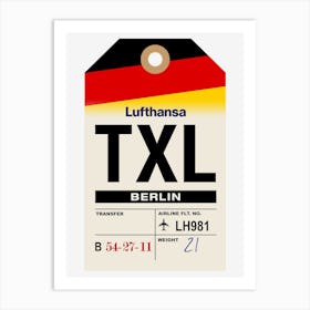 Berlin (TXL) Germany Vintage Airline Luggage Tag Art Print