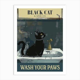 Black Cat Wash Your Paws Sink Poster Bathroom Art Print