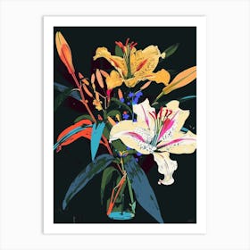 Neon Flowers On Black Bouquet 7 Art Print