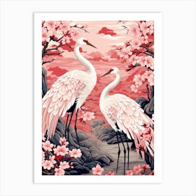 Cherry Blossom And Cranes 2 Vintage Japanese Botanical Art Print