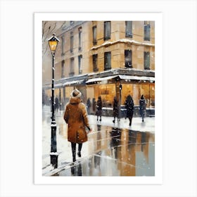 Paris cafes, winter season, Christmas, autumn oil colors, pale colors, pedestrians in the street, winter clothes, falling snow.Christmas decorations.9 Art Print