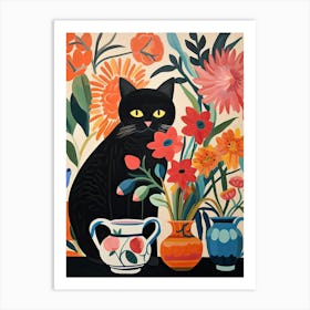 Anemone Flower Vase And A Cat, A Painting In The Style Of Matisse 3 Art Print