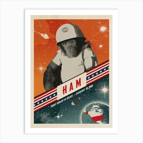 Ham, First chimp in space, USA, 1961 — Vintage space poster, retro space art 1 Art Print