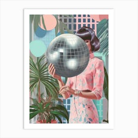 Woman With Purple Hair Holding A Disco Ball And Plants Art Print