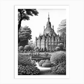 Château De Chantilly Gardens, France Linocut Black And White Vintage Art Print