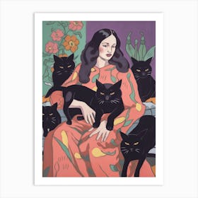 Cat Lady With Black Cats 2 Art Print