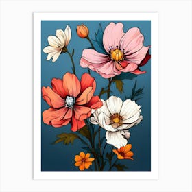 Flowers On A Blue Background 3 Art Print