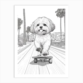 Shih Tzu Dog Skateboarding Line Art 4 Art Print