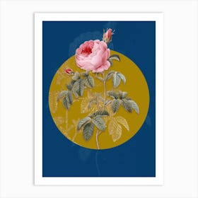 Vintage Botanical Provence Rose Bloom on Circle Yellow on Blue Art Print